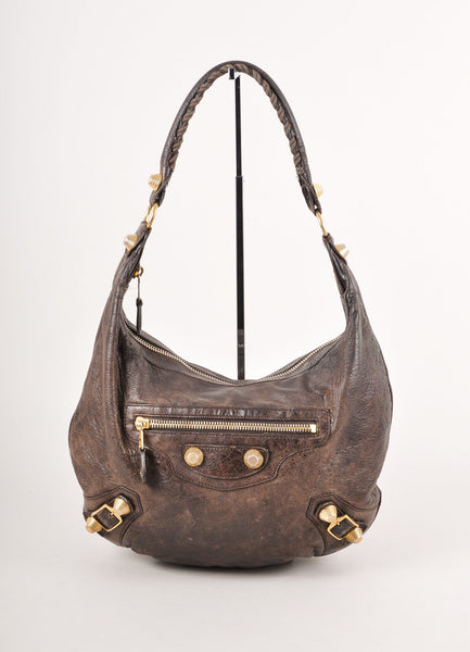 Dark Brown and Gold Studded Moto Leather Hobo Bag