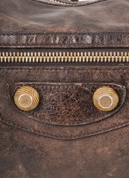 Dark Brown and Gold Studded Moto Leather Hobo Bag