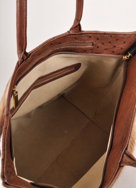 Brown and White Ostrich Leather and Springbok Hair "Nina" Box Tote Bag