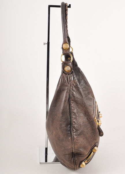 Dark Brown and Gold Studded Moto Leather Hobo Bag