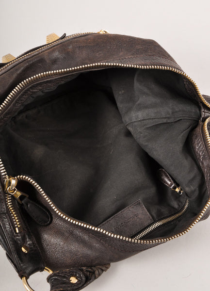 Dark Brown and Gold Studded Moto Leather Hobo Bag
