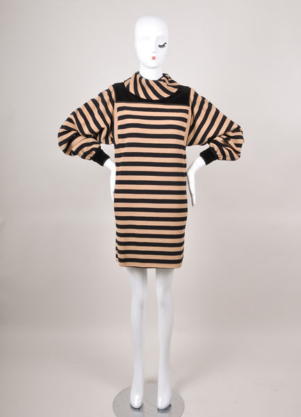 Navy and Tan Wool Striped Long Sleeve Dress