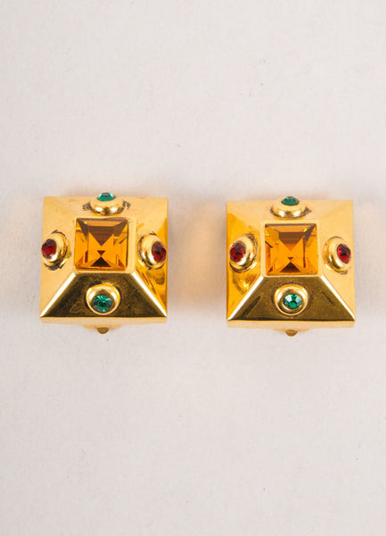 Vintage Gold Toned Stone Embellished Square Earrings