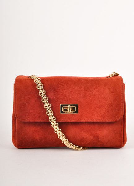 Red Suede Flap Turnlock Shoulder Bag