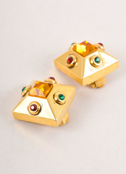 Vintage Gold Toned Stone Embellished Square Earrings