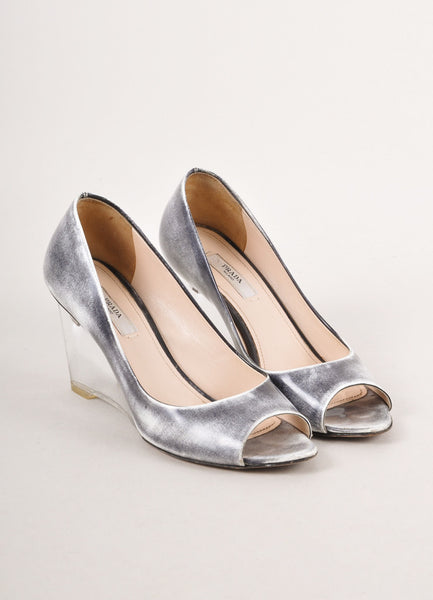 Grey and White Distressed Leather Peep Toe Lucite Wedges