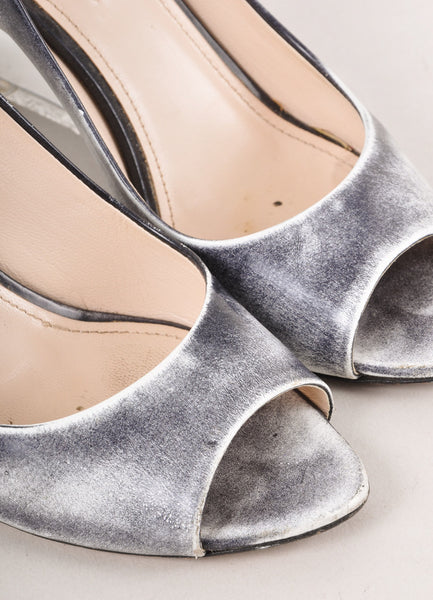 Grey and White Distressed Leather Peep Toe Lucite Wedges