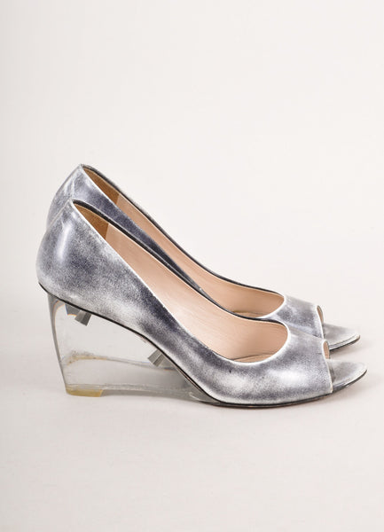 Grey and White Distressed Leather Peep Toe Lucite Wedges