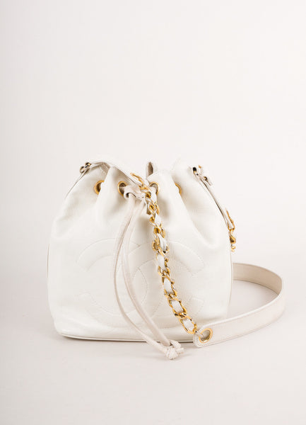 White and Gold Caviar Leather "CC" Chain Strap Bucket Bag