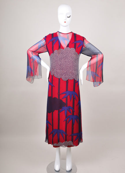 Blue, Maroon, and Purple Bamboo Print Sheer Sleeve Dress