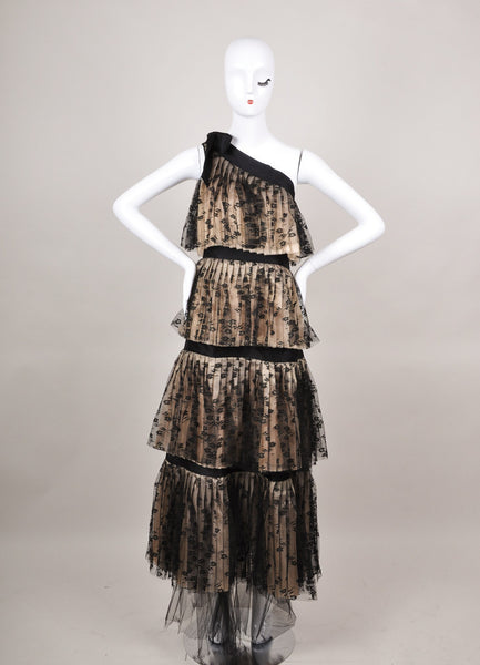 Black and Taupe Pleated Floral Tiered Dress