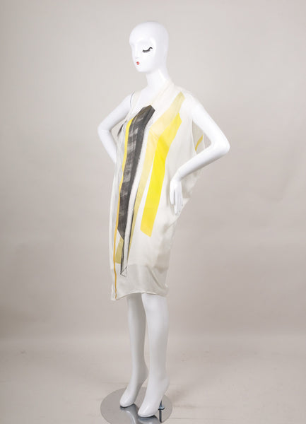 New With Tags Cream, Grey, and Yellow Asymmetric Sleeveless Silk Dress