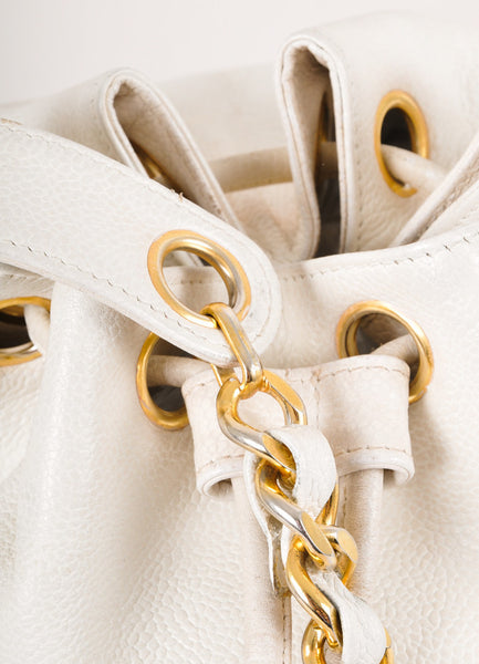 White and Gold Caviar Leather "CC" Chain Strap Bucket Bag