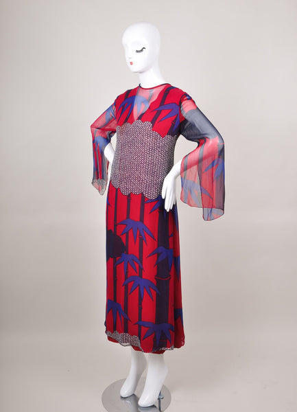 Blue, Maroon, and Purple Bamboo Print Sheer Sleeve Dress