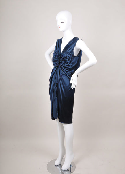 Blue Silk Sleeveless Ruched Dress