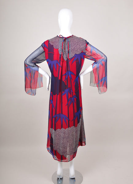 Blue, Maroon, and Purple Bamboo Print Sheer Sleeve Dress