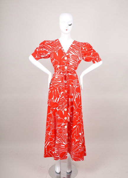 Red and White Patterned Mid Sleeve Buttoned Maxi Dress