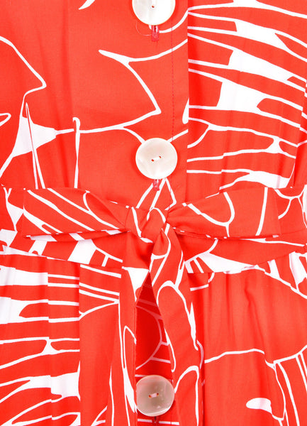Red and White Patterned Mid Sleeve Buttoned Maxi Dress