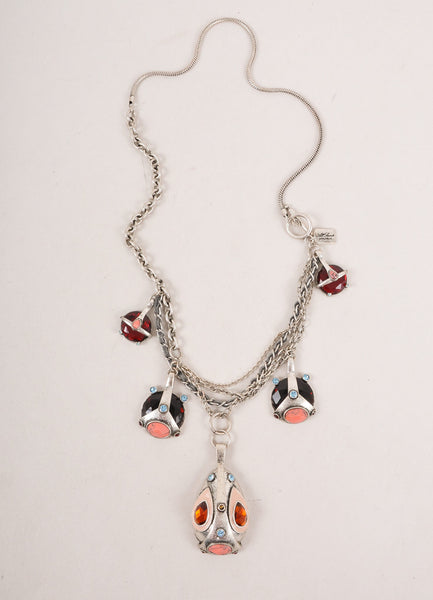 Silver Toned, Red, and Blue Stone Five Pendant Chain Necklace