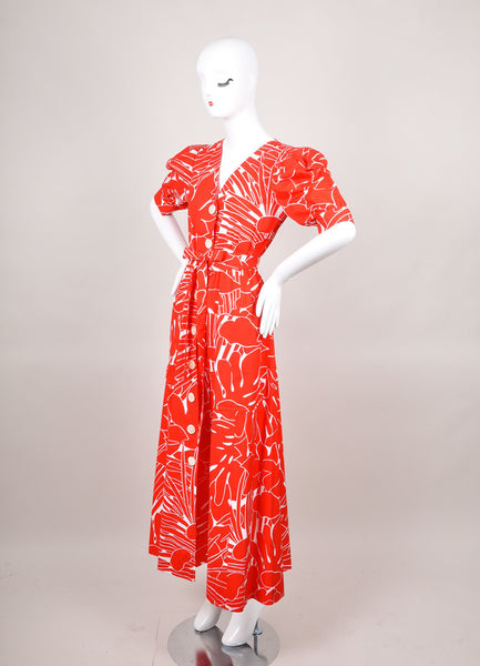 Red and White Patterned Mid Sleeve Buttoned Maxi Dress