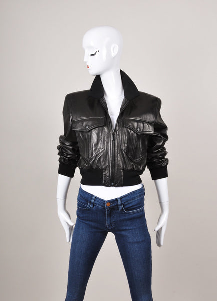 Black Zip Front Short Leather Bomber Jacket