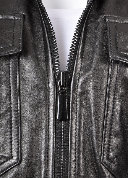 Black Zip Front Short Leather Bomber Jacket