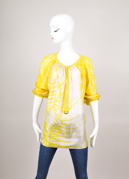 Yellow and White Silk Printed Long Sleeve Blouse