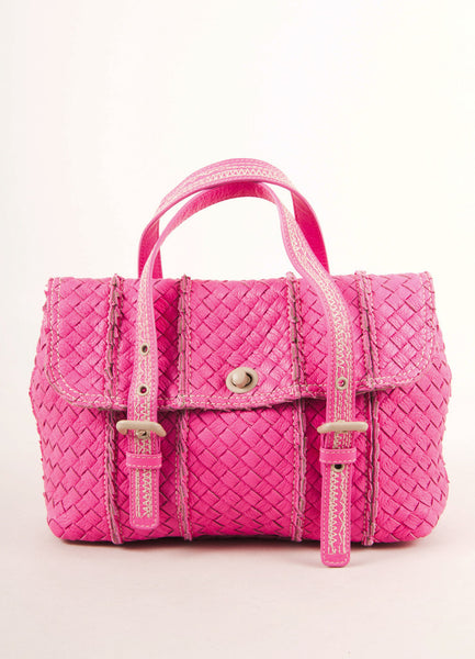 New With Tags Hot Pink Woven Leather Turnlock Crossbody Bag