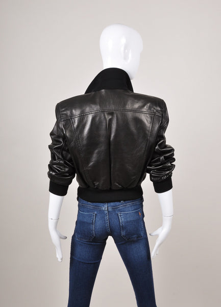 Black Zip Front Short Leather Bomber Jacket