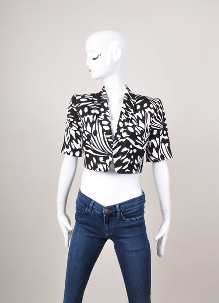 Black and White Patterned Short Sleeve Cropped Grosgrain Jacket