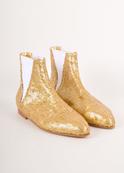 New In Box Gold Metallic Sequin Pointed Toe Ankle Chelsea Boots