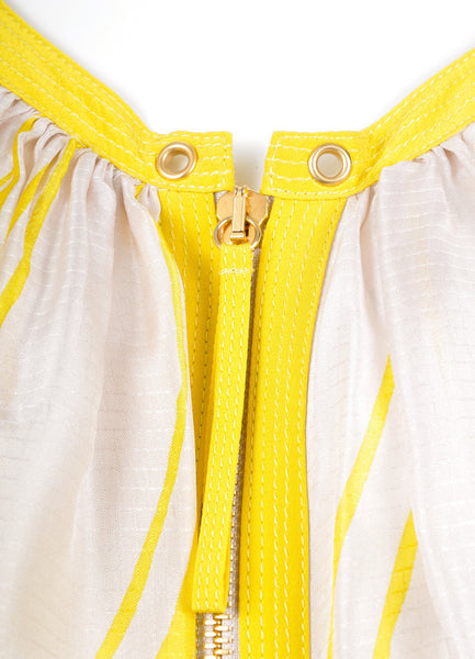 Yellow and White Silk Printed Long Sleeve Blouse