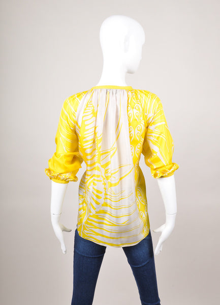 Yellow and White Silk Printed Long Sleeve Blouse