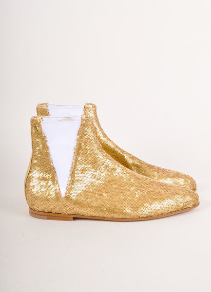 New In Box Gold Metallic Sequin Pointed Toe Ankle Chelsea Boots