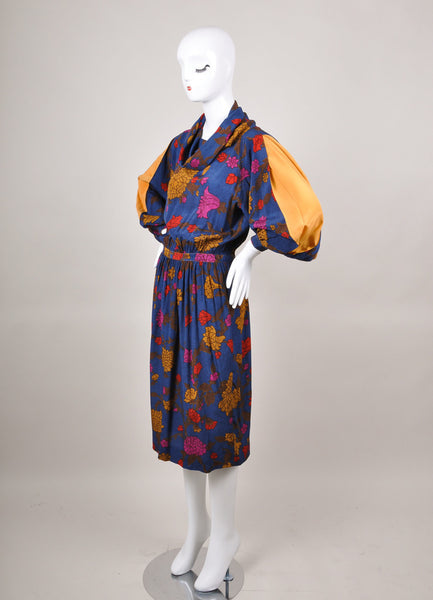 New With Tags Blue and Multicolor Floral Print Silk Dress