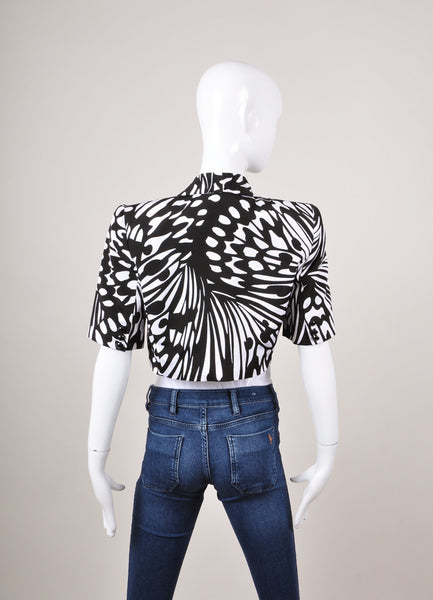 Black and White Patterned Short Sleeve Cropped Grosgrain Jacket