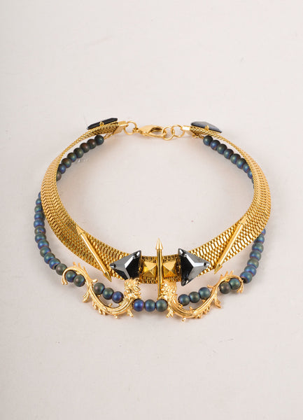 New In Box Gold Toned and Blue Lion's Foot Spiked Double Strand Collar Necklace