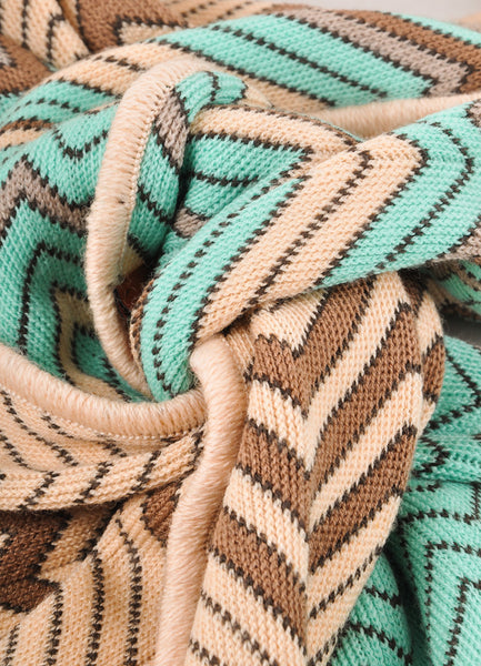 Brown and Green Zig Zag Striped Knit Scarf