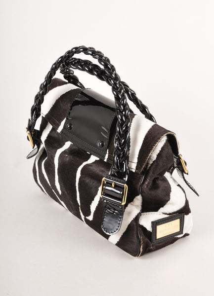 Black, White, and Brown Ponyhair and Patent Leather "Histoire" Handbag