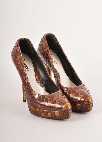 Brown and Bronze Python Leather Pointed Toe Platform Pumps