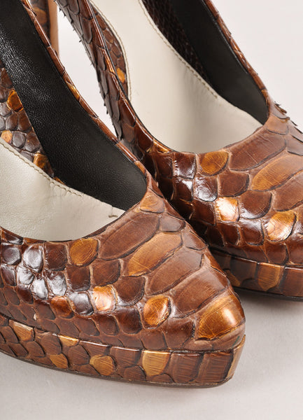 Brown and Bronze Python Leather Pointed Toe Platform Pumps