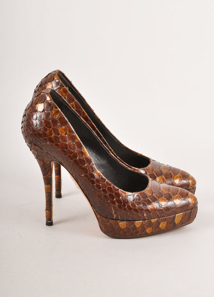 Brown and Bronze Python Leather Pointed Toe Platform Pumps