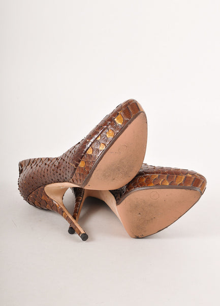 Brown and Bronze Python Leather Pointed Toe Platform Pumps