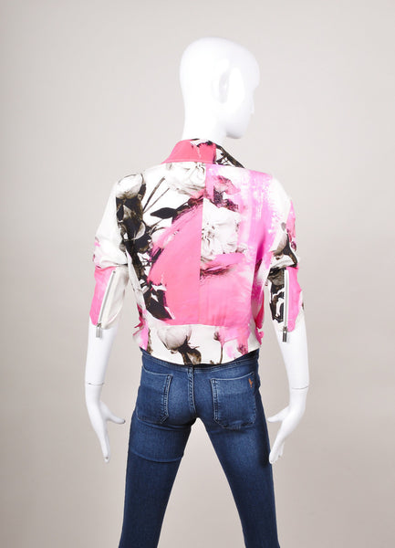 Pink, White, and Black Floral Print Silk Moto Jacket