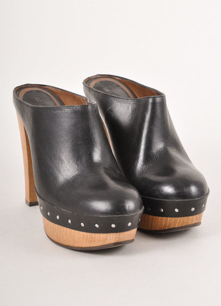 Black and Brown Leather Platform Heel Clogs With Wooden Heel