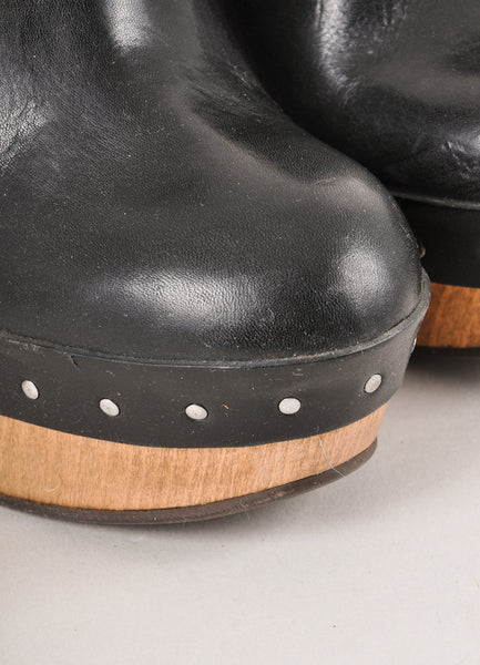 Black and Brown Leather Platform Heel Clogs With Wooden Heel