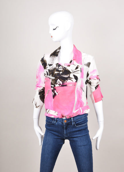 Pink, White, and Black Floral Print Silk Moto Jacket