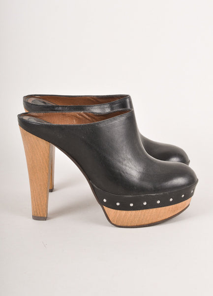 Black and Brown Leather Platform Heel Clogs With Wooden Heel