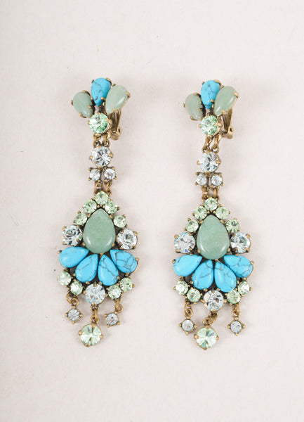 Blue and Green Rhinestone and Stone Embellished Earrings