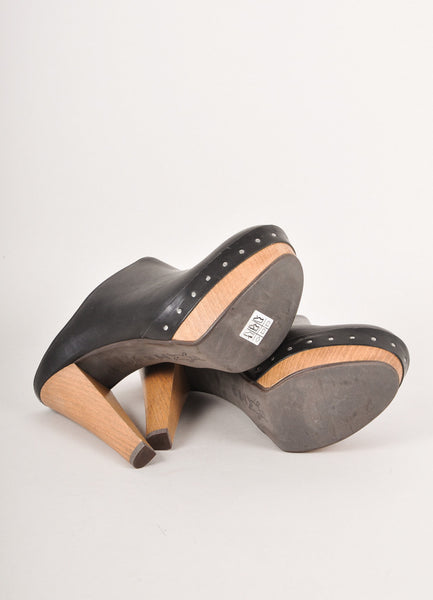 Black and Brown Leather Platform Heel Clogs With Wooden Heel